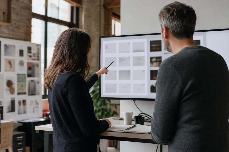 Two marketers at a standing desk reviewing a large wall monitor filled with a grid of quote cards and small video thumbnails, one pointing at a card