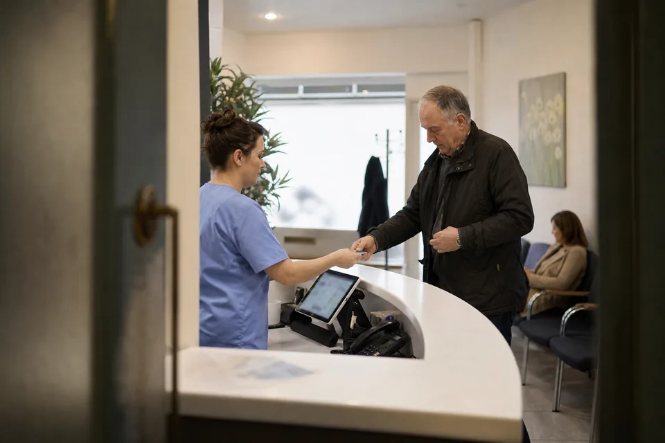 Dental clinic receptionist behind the front desk handing an appointment card to a patient putting on his jacket while her tablet lies on the counter