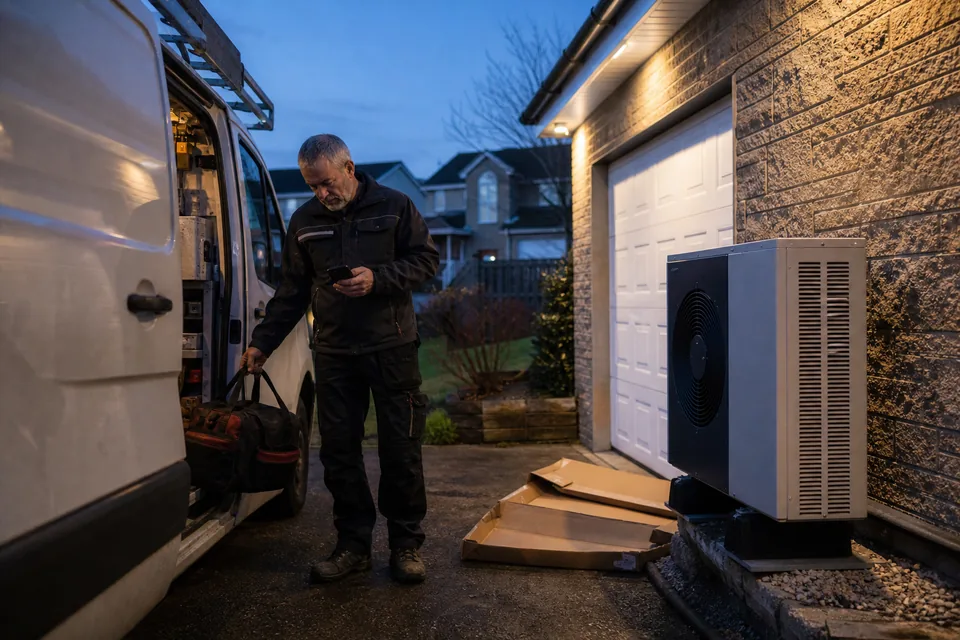 Heating technician packing tools into a van on a suburban driveway at dusk and checking his phone with the finished outdoor unit behind him